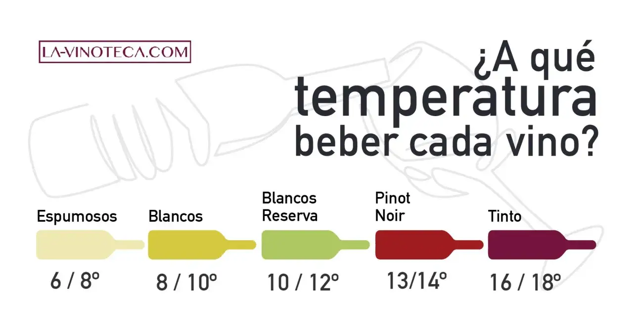 Gu&iacute;a de temperatura ideal para cada vino: espumosos (6-8&deg;), blancos (8-10&deg;), blancos reserva (10-12&deg;), Pinot Noir (13-14&deg;) y tintos (16-18&deg;).
