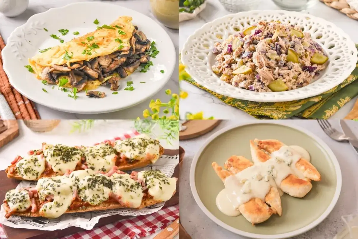 Cuatro deliciosas recetas para cenar: tortilla de champiñones, ensalada de atún, pan con queso y pollo en salsa.