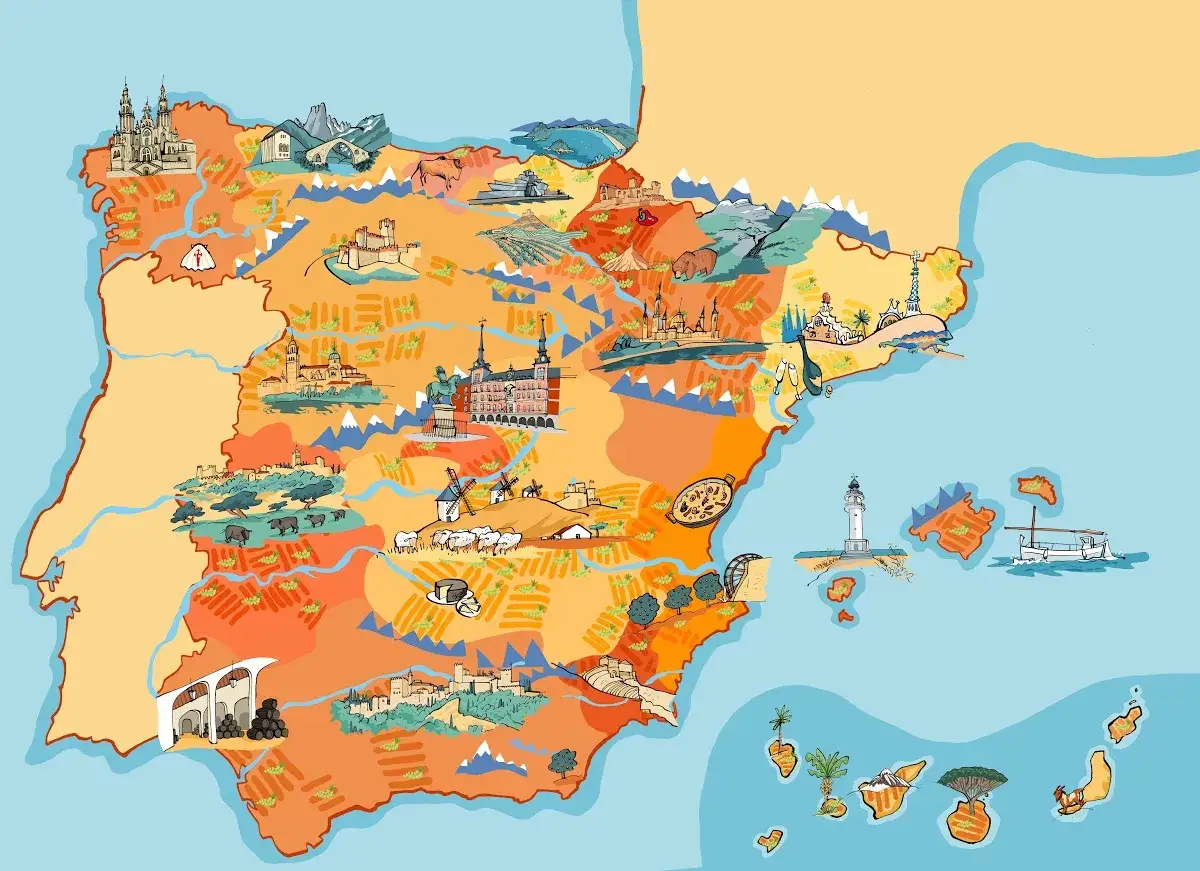 Mapa ilustrado de Espa&ntilde;a con vi&ntilde;edos, bodegas del marco de Jerez, castillos, monta&ntilde;as y la costa.