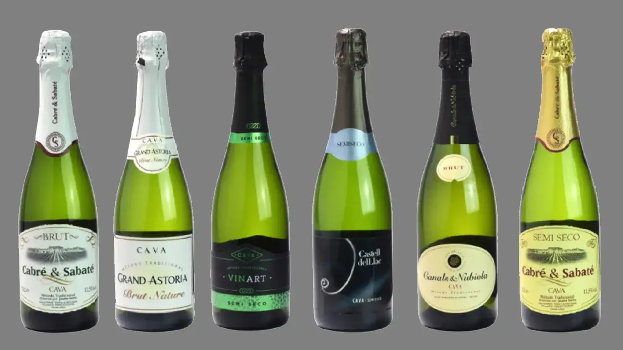 Seis botellas de cava, incluyendo marcas como Cabr&eacute; & Sabat&eacute; y Grand Astoria. Algunas son Brut Nature, otras Semi Seco. Una selecci&oacute;n para elegir el cava m&aacute;s caro.