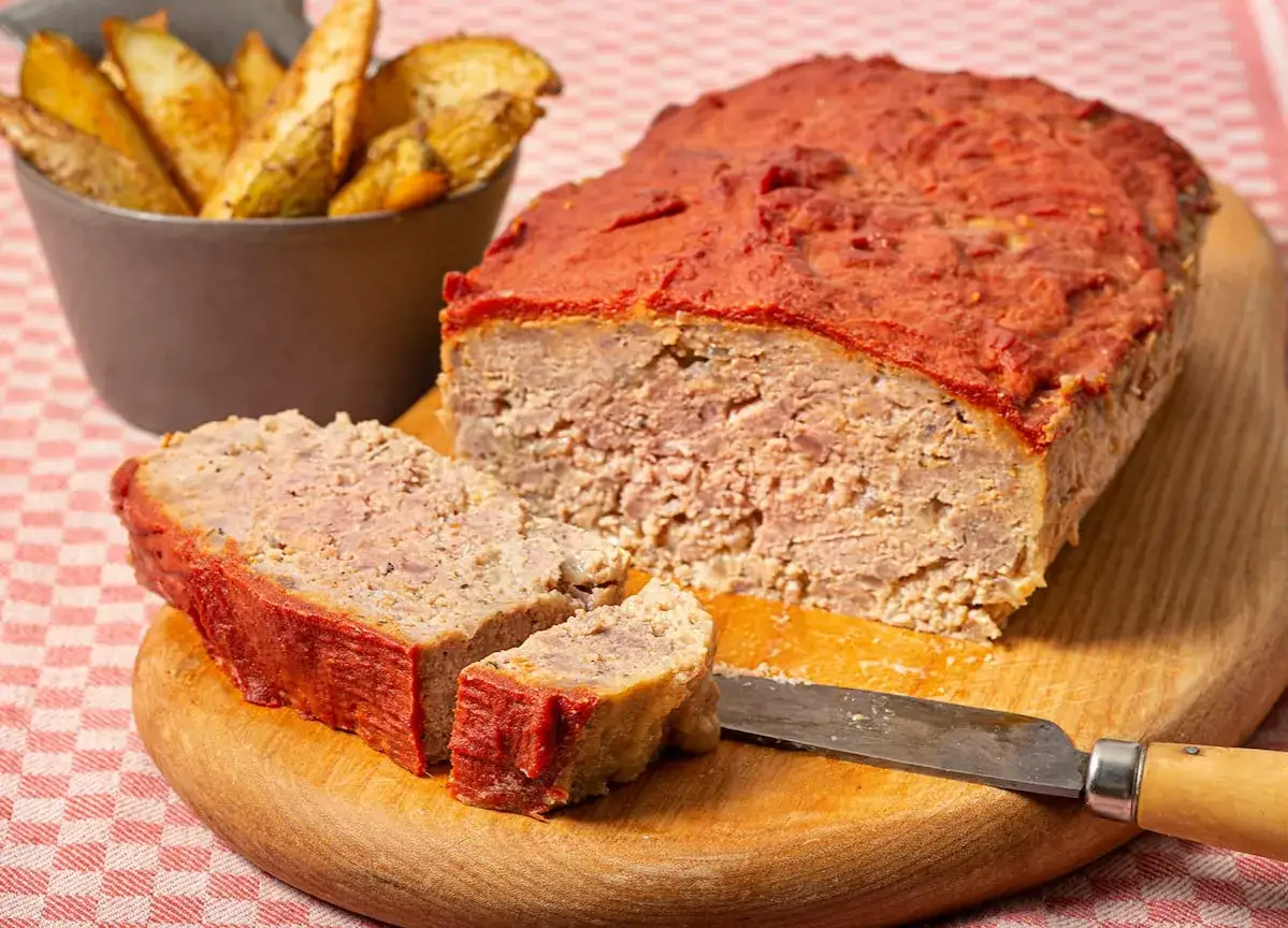 Un jugoso pastel de carne picada cubierto de salsa de tomate, cortado en rebanadas y servido con patatas gajo.